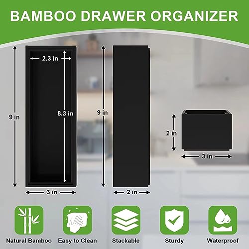 Premium Bamboo Kitchen Drawer Organizer - Set Of 2, Stackable Utensils Holder, Storage Box Tray For Kitchen Drawers, Cabinet, Utensil, Silverware, Spatula, Flatware Or Makeup, Vanity, Bathroom(Black) #TOP1