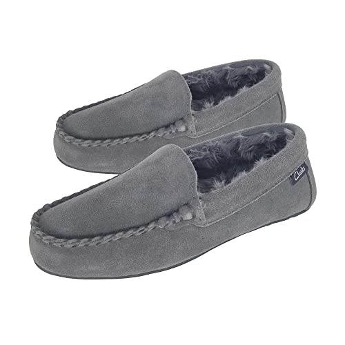 Clarks Women's Venetian Moccasin Slippers, LB0285 - Suede Indoor/Outdoor Close Back Slip-Ons with Faux Fur Lining & Gripped TPR Outsole - Ladies Cozy Loafers for Driving Lounging & More (Grey Size 8)