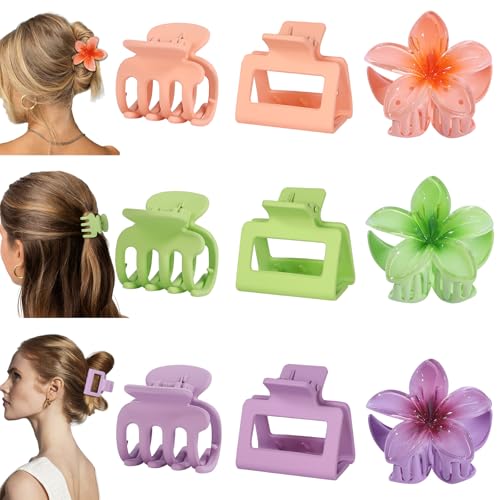 Hair Clips for Women 9 Pack Medium Claw Clips, No Slip Strong Hold Hair Clips for Thick & Thin Hair, Flower Square Aesthetic Styles for Everyday Styling, Trendy Hair Accessories (Purple)