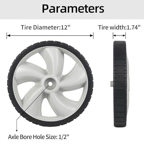 GICOOL 12 Inch Rear Wheels for Arnold 490-324-0002, Replacement 12x1.75" Plastic Wheels for Lawn Mowers, 1/2" Axle Bore, 2-Pack