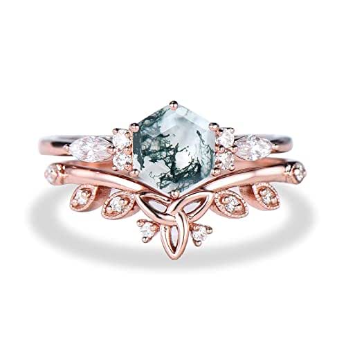 1CT Hexagon Cut Moss Agate Engagement Ring Set Vintage Unique Silver Green Moss