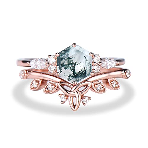 1Ct Hexagon Cut Moss Agate Engagement Ring Set Vintage Unique Silver Green Moss Agate Ring For Women Curve Celtic Knot Ring Wedding Anniversary Gift,With Gift Box #TOP5