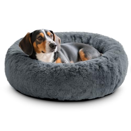 O·Lankeji Hundebett rund Hochflor Kunstfell, Hundekörbchen Waschbar herausnehmbar, Katzenbett flauschig mit Rutschfester Unterseite, Hunde Donut Bett für Kleine Mittelgroße Grosse Hunde