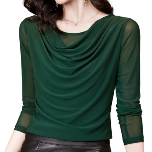 Image of Womens Sexy Solid Satin Tops Cowl Neck Shirts Long Sleeve Teacher Clothes Office Business Dressy Casual Blouse (Green,Large)