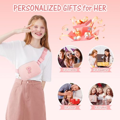 Image of Gitus Gifts for 10 11 12 13 14 15 16 Year Old Girls Christmas Gifts for Teen Girls Sister Her Women Fanny Pack with Initial Letter Patch Belt Bag Crossbody Bag Tween Girls Trendy Stuff (Light Pink-P)