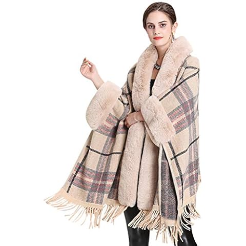 vannawong Women Plaid Faux Fur Trim Poncho Tartan Cozy Cashmere Cape Oversized Shawl Winter Fringed Hooded Cardigan Cloak with Tassels Apricot Cover