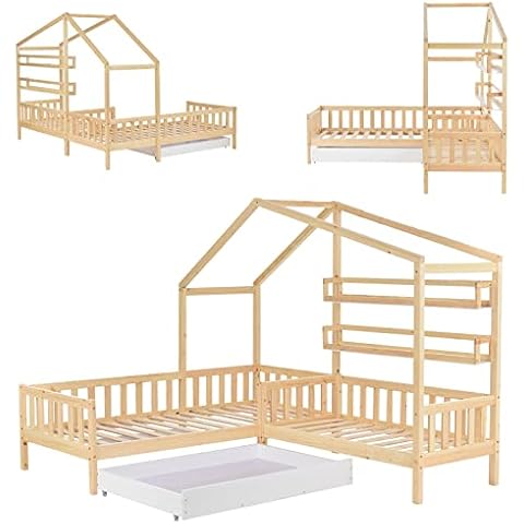 JINTAOMA Massivholzbett für Kinder, niedriges Hochbett aus Holz, Hochbett für Kinder, 90 x 200 cm großes Bett, Spielbett, Jugendbett Cover
