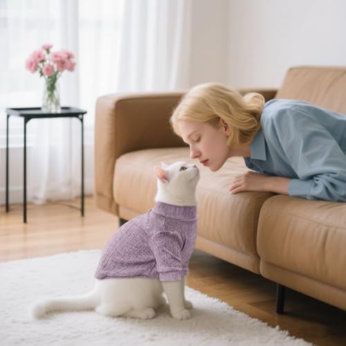 Idepet Sphynx Hairless Cats Sweater Shirt Kitten Soft Puppy Clothes Pullover Cute Cat Pajamas Jumpsuit Cotton Apparel Pet Winter Turtleneck for Cats and Teacup Chihuahua Small Dogs(Purple,XL) - Thumbnail 7