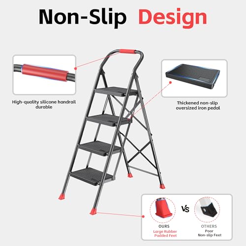 Step Ladder Foldable Folding Stool - for Home Adults Kitchen 4 Stepping Extension Tall Heavy Duty with Handrails - Closet Stepstool Stair Ladders Extendable Stepladder for Indoor House 600Lbs by DIAMONDFORGE - Image 3