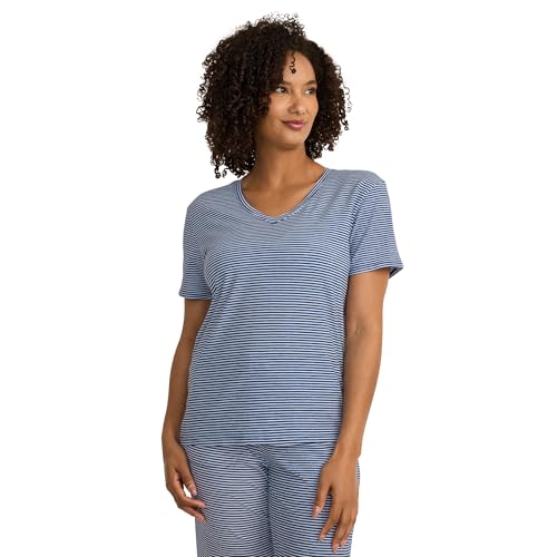 Jockey Women's Sleepwear Organic Cotton Stretch Short Sleeve V-Neck Top, Feeder Stripe, XL