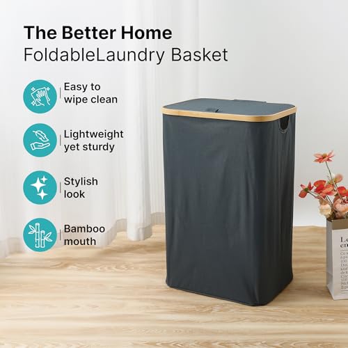 Image of The Better Home Foldable Laundry Basket with Bamboo Rim & Oxford Fabric | 100L Laundry Hamper for Clothes | Collapsible Laundry Bag for Bedroom, Bathroom & Family Use | Grey