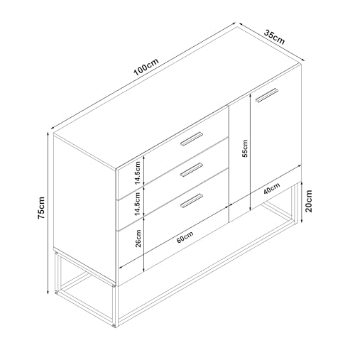Miniatura 2 de En.Casa Aparador Lavangen Mueble De Salón Con 3 Cajones Y 1 Estante Regulable En Altura Estructura De Metal 75 X 100 X 35 Cm - Efecto Mármol Blanco