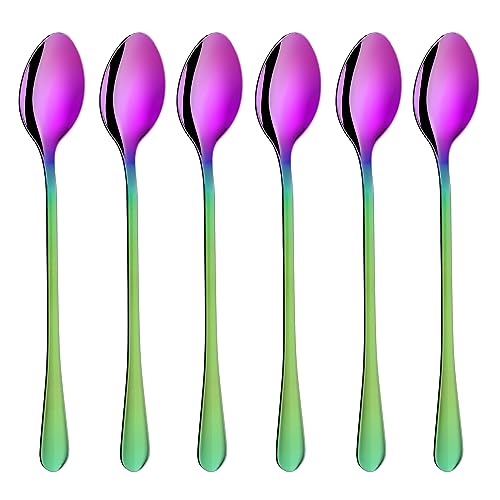 6PCS Latte Spoons Long Handle 19.5cm Rainbow Teaspoons for Iced Coffee/Tea