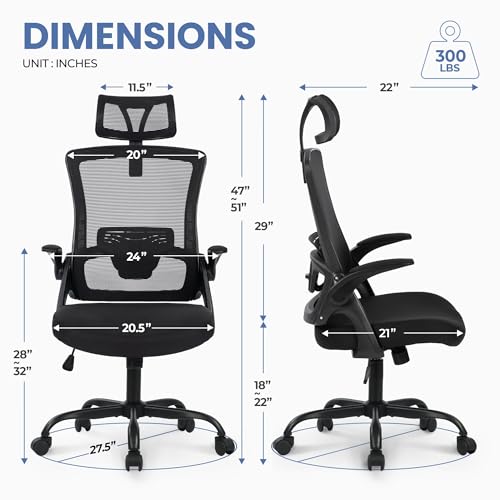CELTOSS Ergonomic Office Chair, High Back Flip-Up Armrests Design, Adjustable Mesh Headrest and Lumbar Support, Steel Base, Black