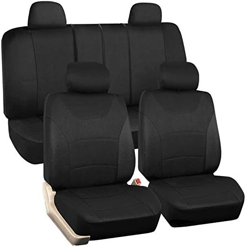 Black Car Seat Covers Full Set, 9 Pcs Combo Cloth Seat Cover with Steering Wheel Cover and Seat Belt Pad, Universal fit for Sedan/SUV/Pick up Truck