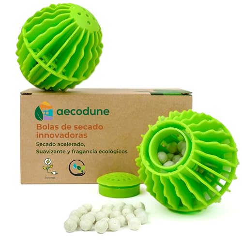 aecodune Bola de Secado Innovadora, 2x Bola de Secado Reutilizable – Reduce el Tiempo de Secado - Suavizante para Ropa y Fragancia para la Ropa - Ingredientes Naturales y Ahorro