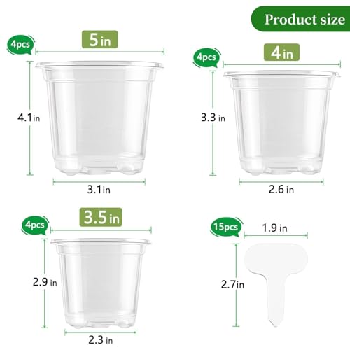 SupKing Clear Nursery Pots 5/4/3.5 Inch Plastic Seed Starter Plant Flower Pot with Drainage Holes for Transplanting Succulents Cuttings Seedlings 15 Labels (12Pcs) - Image 2