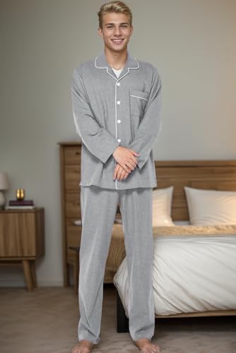JSTEX Fannel Pajamas for Men 100% Cotton Pajama Set Long Sleeve Button Down Men's Sleepwear Soft Mens Pjs Set3