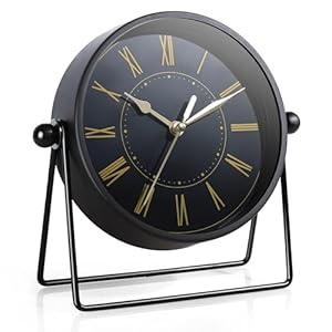 AYRELY® Vintage Metall-Tischuhr – Leise Kaminuhr ohne Ticken mit verstellbarem Winkel, Analoge Standuhr im Retro-Stil für Wohnzimmer, Regal, Kamin & Büro (Schwarz/Gold)