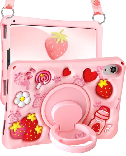 Boaretiu for iPad mini 7 A17 Pro Case for iPad mini 7th-6th Generation - Soft Silicone Cute Cartoon with Shoulder Strap & Rotating Stand Kawaii for Women Girls Girly Kid Teens Cover, Strawberry