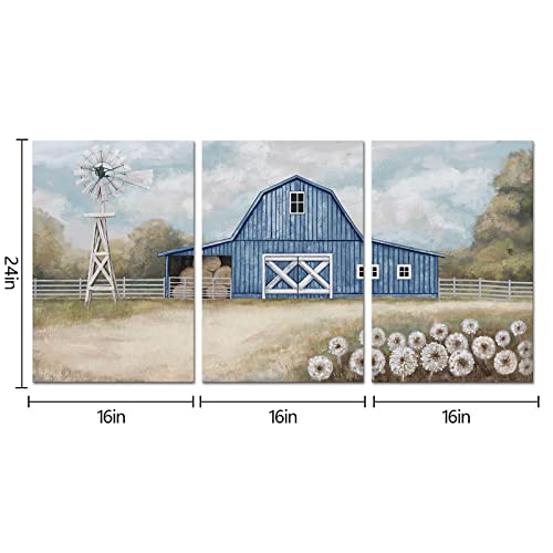 Atgowac Farmhouse Wall Art Rustic Country Barn Windmill Pictures Framed Canvas Wall Art Farmhouse Bedroom Living Room Wall Decor (Blue Barn) (16Inchx24Inchx3Panels) #TOP4
