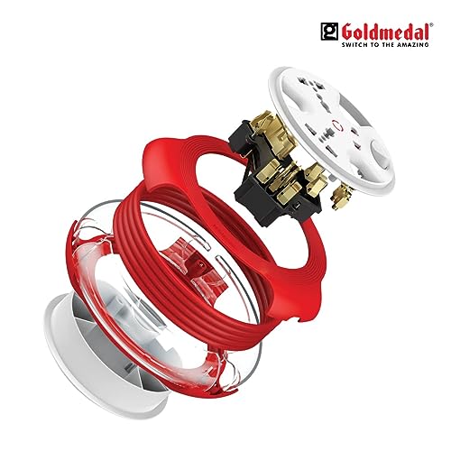 Image of Goldmedal Krysta 2 Pin Extension Cord (White and Red) - Pack of 1, Master Switch with Indicator, Heavy-Duty 5-meter Cable, International Sockets & 2-Pin Socket, Ultra-Smooth Rotation for Home & Office