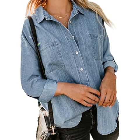 JInSEY Women's Denim Shirt Long Sleeve Loose Fit with Dual Pockets Sky Blue Cover