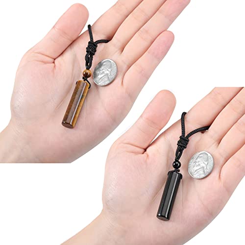 Top Plaza 2 Pcs Black Obsidian Tiger Eye Healing Crystal Stone Necklaces For Men Women Cylindrical Pendant Amulet Protection Necklaces Adjustable Braided Cord Natural Quartz Gemstone Necklace Jewelry #TOP4