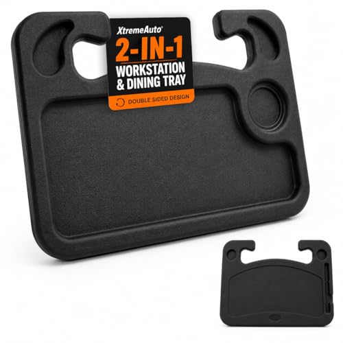 Xtremeauto Car Steering Wheel Desk Tray Portable 2-in-1 Laptop & Food Table for Cars Universal Hook-On Steering Wheel Workstation with Cup Holder Double Sided Travel Desk