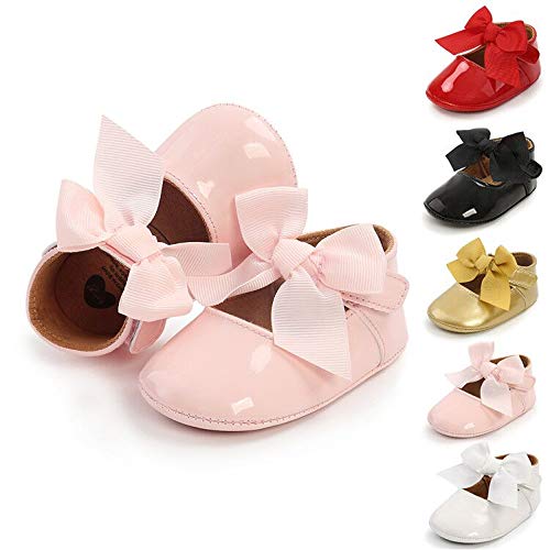 BiBeGoi Chaussures de danse Mary Jane pour bébé fille avec nœud papillon et semelle antidérapante pour robe de princesse, a rose, 6-12 mois Cover