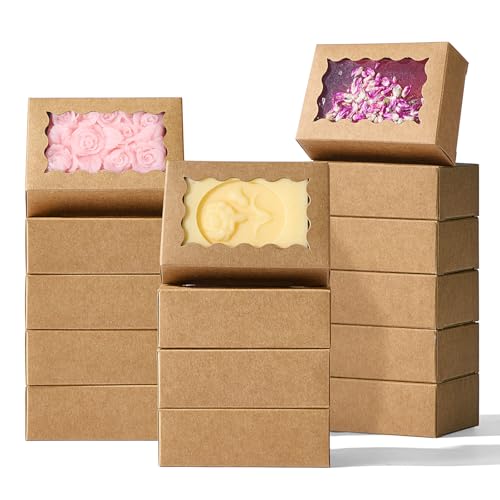 NEKSUNBAK 40PCS Kraft Brown Soap Boxes with Window 3.5x2.36x1.2 Inches Small Gift Boxes for Homemade Soap Macarons Cookies Candies Wedding and Birthday Party Favors