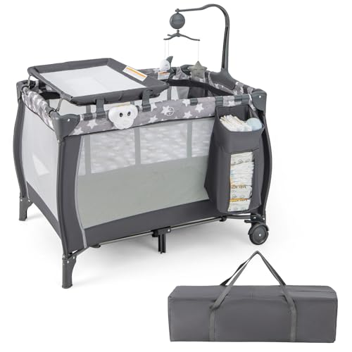 HONEY JOY Pack and Play, 3 in 1 Portable Baby Playard with Bassinet, Changing Table, Lockable Wheels, Music Box, Foldable Travel Baby Crib Nursery Center from Newborn to Toddler (Star Gray)