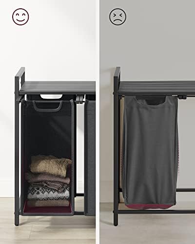 VASAGLE Kosz na pranie 3 przegródki, pojemnik na pranie z półką, pojemnik na pranie, torba na pranie wykonana z tkaniny Oxford, 3 x 38 L, 92,5 x 33 x 72 cm, czarno-szary BLH301G01