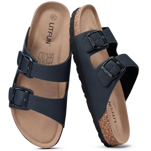Image of Litfun Unisex Cork Footbed Sandal Summer Slip On Slide Sandals with Adjustable Buckle for Women Men