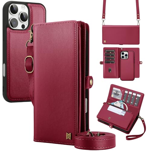 MEGSHI for Wallet Case Compatible with iPhone 16 Pro Max,Multi-Function Detachable 2 in 1 Magnetic iPhone 16 Pro Max Case Wallet,Flip Strap Zipper Card Holder Phone Case with Shoulder Straps (Red) by MEGSHI - Used condition - US$22.63