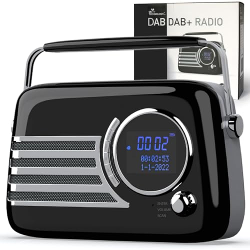 Portable DAB/DAB+ Radio, Bluetooth Speaker, Portable Radio, Retro DAB, Radios Mains and Battery, Rechargeable Battery, Transistor, Large Dial, Vintage, AUX, USB Plug in