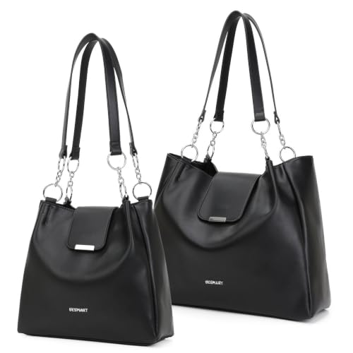 Image of BESMART Denim Tote Bag for Women, Large PU Leather Canvas Shoulder Bags with Circle Chain