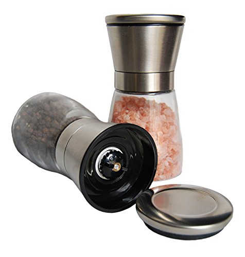 Peppermill & Salt Grinder by KD Living in Stainless Steel and Glass – Salt and Pepper Shaker set with Adjustable Coarseness for Spices, Salt crystal, Seed herbs and Peppercorn - Set of 2
