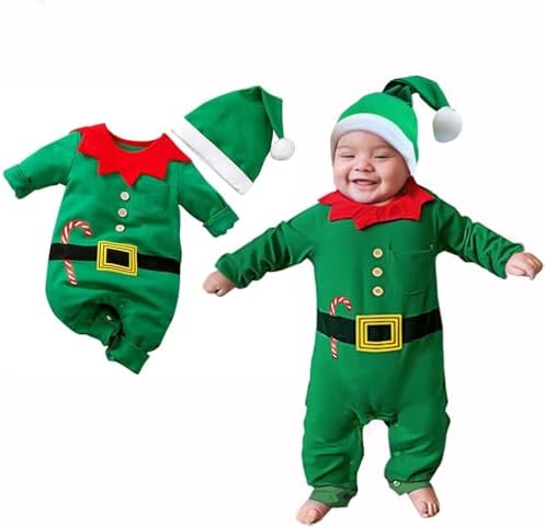 AGQT Baby Boys Christmas Costume Santa Claus Elf Romper with Hat Xmas Clothes 1st Christmas Outfit Set Green Size 0-3 Months