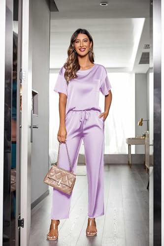 Image of Ekouaer Womens Satin Silky Pajama Set Short Sleeve Shirt with Long Pajama Pant Set Soft PJ Loungewear