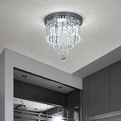 Deckrico Crystal Ceiling Lamp Flush Mount Modern Chandelier Stainless Steel Light Fixtures for Hallway Bedroom Dining Room Living Room (Cool White)