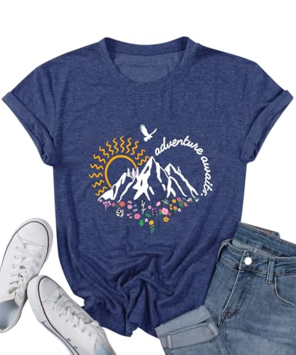 Adventure Awaits T Shirts for Women Trendy Hiking Mountain Graphic National Park T Shirts Summer Flower Floral Print Loose Short Sleeve Hiking Camping Climbing Lover Gift Shirts,Navy Blue-XXL