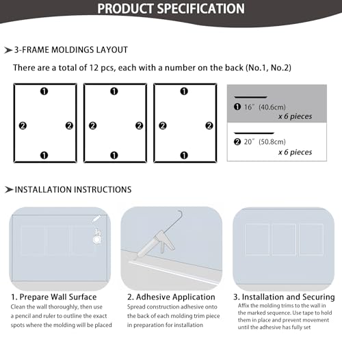 Lunghaa 3-Frame 16" x 20" Premade Accent Wall Molding Kit, Ready-to-Assemble Wainscoting Panels, Pre-Cut Chair Rail Moulding Trim Picture Frame for Home Décor by Lunghaa - Image 3