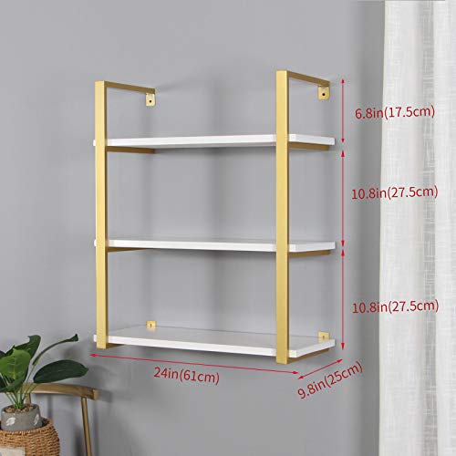 Sss Furniture 3-Tier Modern Rustic Floating Wall Shelves, 24 Inch Industrial Shelving Iron Wall Shelves,White And Gold Farmhouse Wall Bookshelf Mounted For Bedrooms Office #TOP3