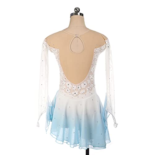 Vestido de patinação artística, strass brilhantes degradê branco e azul Competição de patinação artí