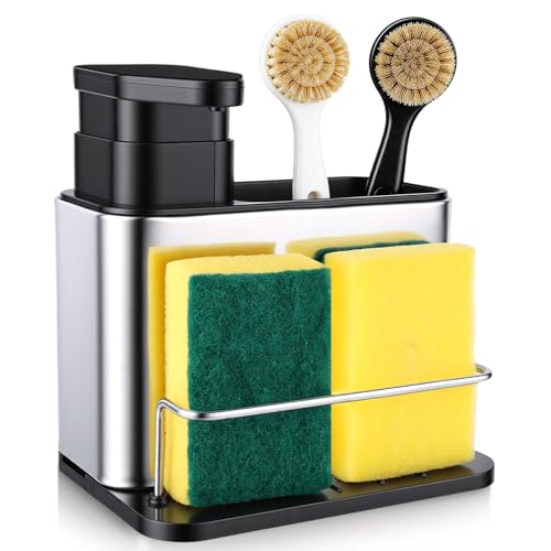 Listado de Soportes y dispensadores los mejores 5. 50 Yanlin Dispensador de Jabon Cocina, 3 in 1 Dispensador de Jabon, con Soporte para Esponja y Soporte, Estante de Almacenamiento Multifuncional para Fregadero, 2 Cepillos de Esponja,...