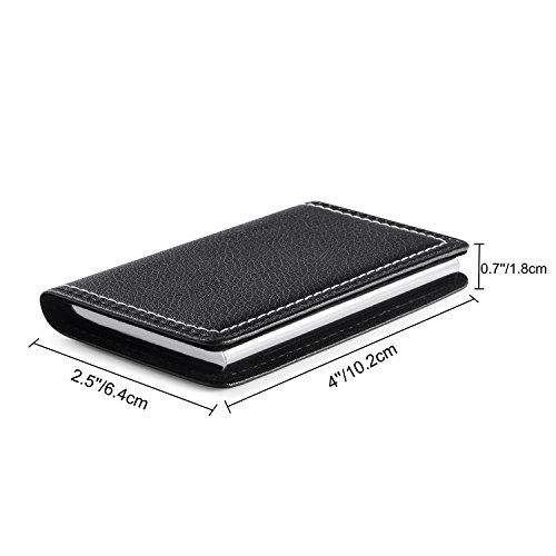 Wisdompro Business Card Holder, Pu Leather & Metal Pocket Slim Name Card Organizer Wallet Case With Magnetic Closure For Men And Women - Black/White Thread #TOP6