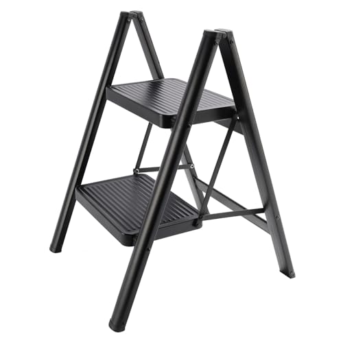 Frezon 脚立 踏み台 2段 折りたたみステップ 折りたたみチェア 多機能 軽量 3.2kg 耐荷重150kg 滑り止め足パッド 手すりなし 広い踏み台面積 収納性 組み立て不要 カーボンスチール素材 アウトドア 玄関台 椅子 洗車 ブラック