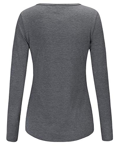 OUGES Womens Long Sleeve V-Neck Button Causal Tops Blouse T Shirt(Dark Gray,S)
