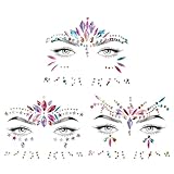 NovaPuff 3 Sets Multicolor Music Festival Face Rhinestones,Rhinestones Stick On Face, Glitter Temporary Fake gem Stickers for Festival Carnival Race Party Makeup(5.9in*4.33in)